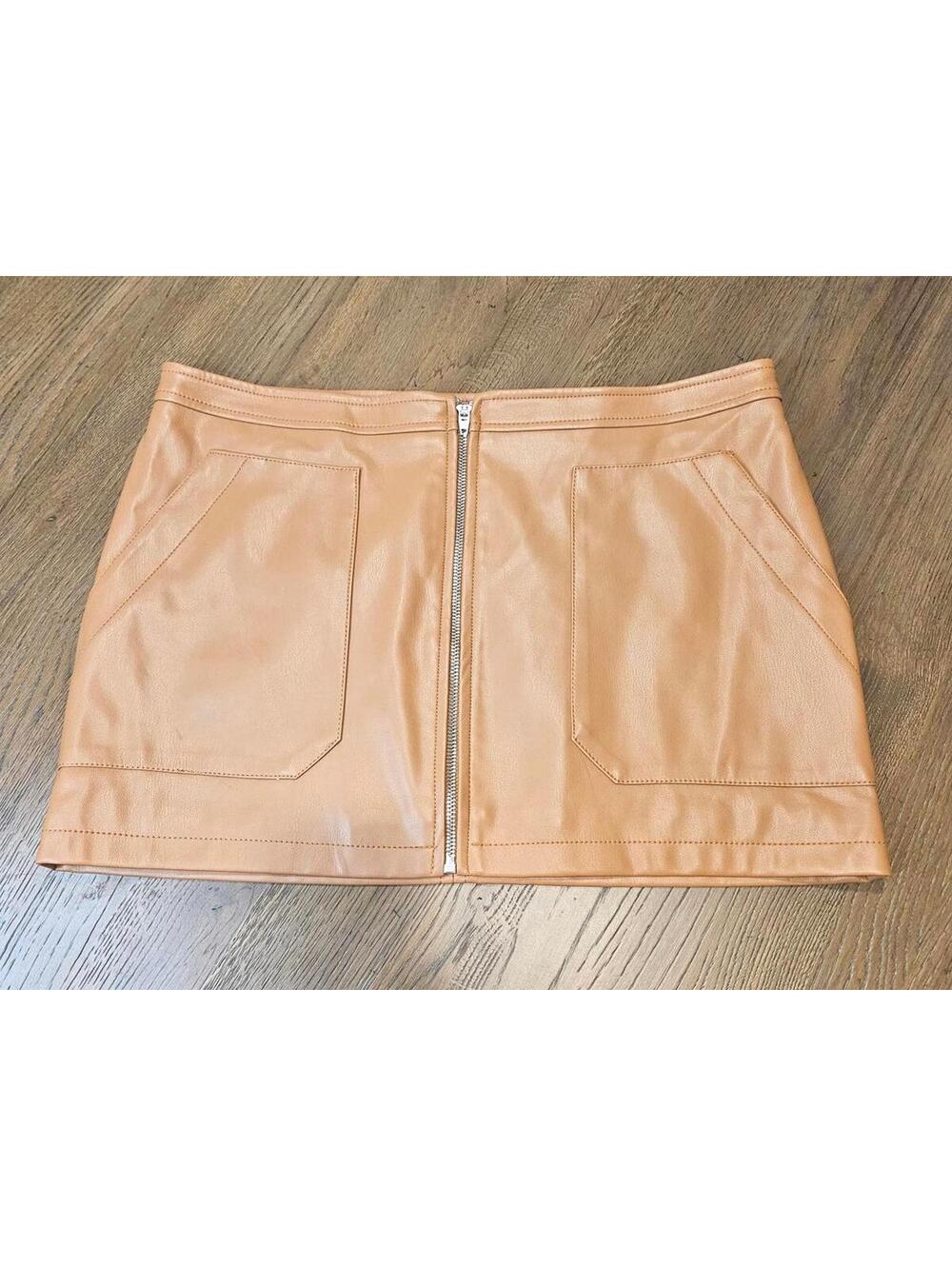 Free People Chic Zip Front Caramel Faux Leather Mini Skirt Size 12